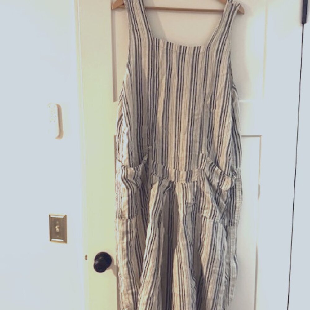 FLAX Size Medium Dress Blue/Black-ishGray Stripes Jumper 100% Linen with Pockets